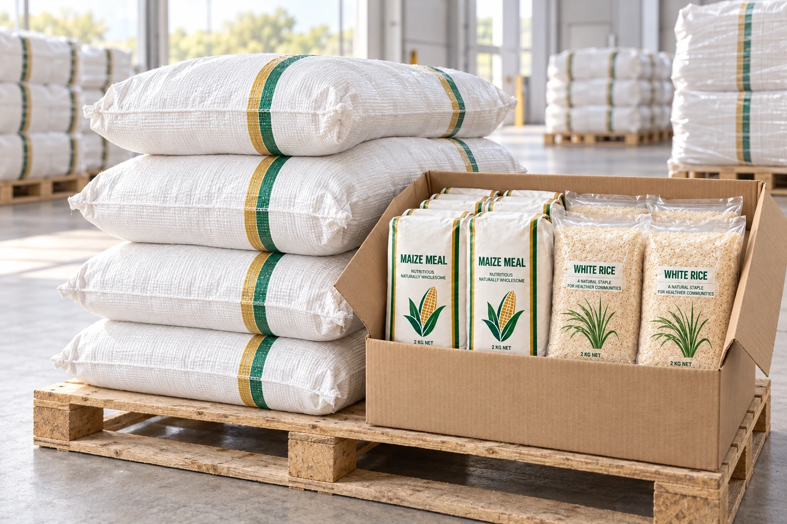 Illustrative packaged dry foods in storage