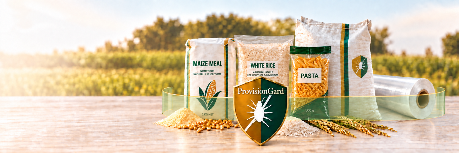 Maize meal, rice, pasta, woven sack and film roll behind a ProvisionGard shield and illustrated protective wrap